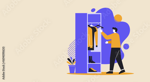 Man choosing an outfit from his wardrobe, symbolizing personal style, daily routine, and home organization. Ideal for fashion and lifestyle concepts.