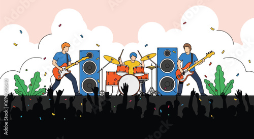 Flat style illustration of a live rock concert with guitarists and drummer on stage, powerful speakers, cheering crowd, and a lively outdoor atmosphere filled with music and energy