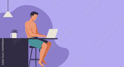 Man in casual attire working on a laptop from a relaxed home or remote setting, embodying flexible work and modern productivity.