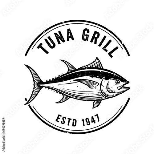 Vintage logo for a tuna grill restaurant, featuring a stylized tuna fish and the establishment year.