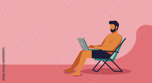 Bearded man working remotely on a laptop while relaxing in a beach chair. Depicts a modern digital nomad lifestyle, combining leisure with business.
