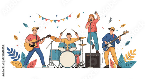 Flat style illustration of a lively band performance with guitarist, bassist, drummer, and energetic singer under festive bunting and confetti, creating a fun and colorful music celebration