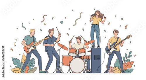 Flat style illustration of a lively band performance with guitarist, bassist, drummer, and energetic singer under festive bunting and confetti, creating a fun and colorful music celebration