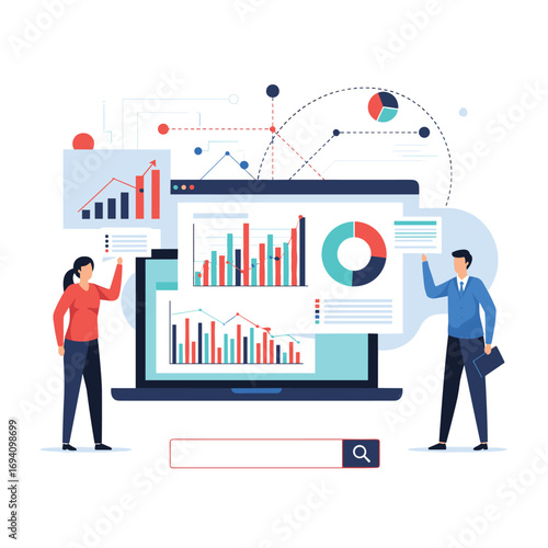 Business intelligence analytics dashboard presentation showing financial growth and market trends to investors