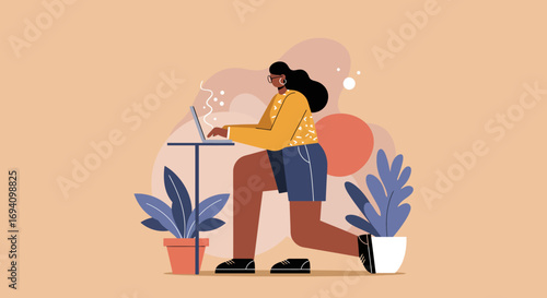 Woman working remotely on a laptop at a flexible standing desk. Illustrates modern productivity, freelance work, and a balanced lifestyle.