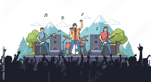Flat style illustration of a rock concert with a live band performing on stage, surrounded by mountains and trees, as a cheering crowd enjoys the outdoor music festival