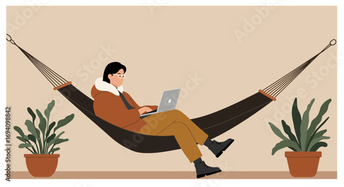 Person working comfortably on a laptop in a hammock, surrounded by potted plants. Modern freelance lifestyle, remote work, or relaxed study.