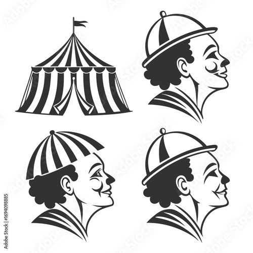 Circus tent and clown faces profile