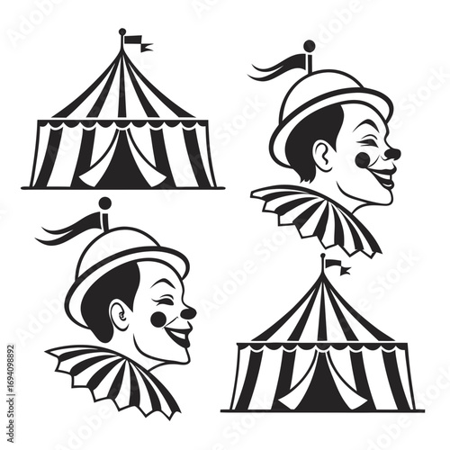 Circus tent clown faces black and white illustration