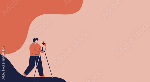 Minimalist illustration of a person filming or photographing with a smartphone on a tripod in an abstract outdoor setting. Useful for technology, social media, and creative concepts.