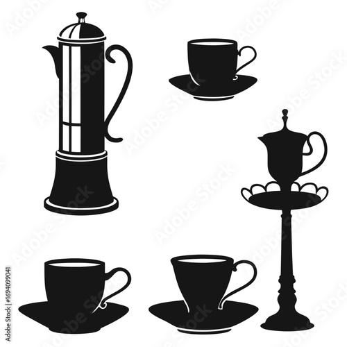 Coffee teapots cups saucers vector
