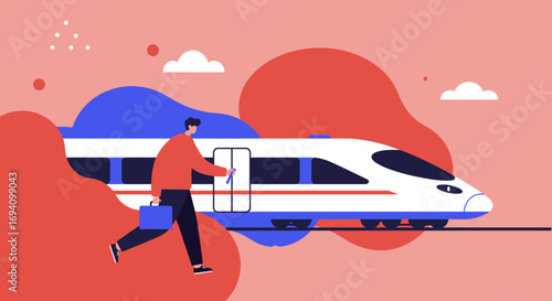 A man with a briefcase steps onto a modern high-speed train, symbolizing efficient business travel and urban commuting. This illustration depicts modern public transportation and travel.