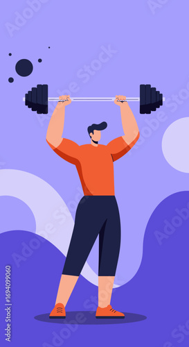 Strong man performing an overhead barbell lift, symbolizing fitness, health, and a determined active lifestyle. Ideal for sports and wellness concepts.