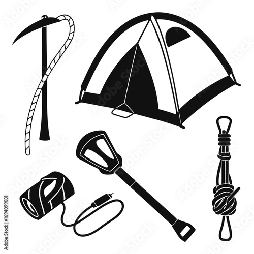 Climbing gear tent ice axe rope carabiner vector