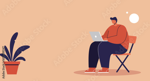 Man working remotely on laptop with a thought bubble, representing freelance work, creative thinking, or online education in a relaxed setting.