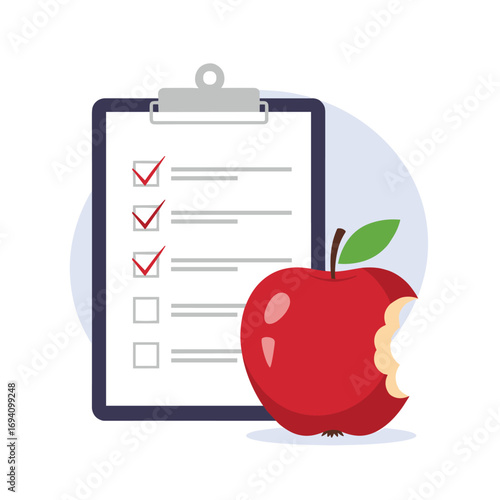 A delicious red apple with a bite taken out placed next to a clipboard with a checklist