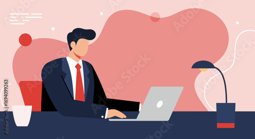 Businessman working diligently on his laptop at a desk, representing productivity, remote work, and modern office efficiency. Ideal for business, technology, and lifestyle concepts.