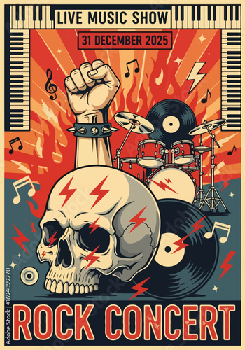 Bold rock concert poster with skull, flames, drum set, vinyl record, and raised fist. Promotes a live music show, with powerful and rebellious rock energy