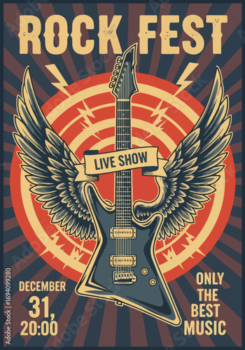 Vintage rock festival poster with electric guitar, wings, and bold typography, promoting a live music show perfect for concerts, events, and retro rock music lovers