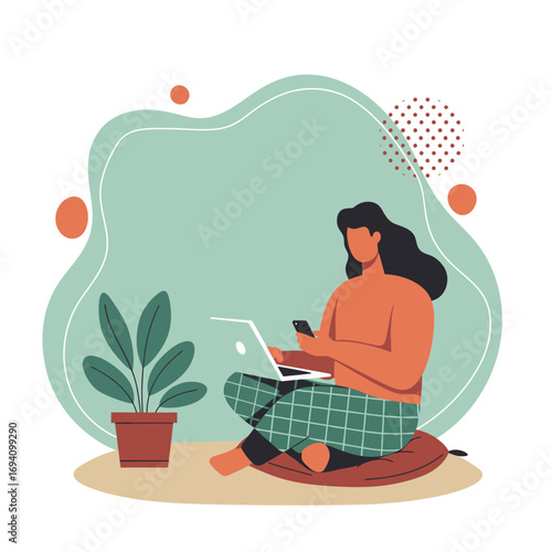 Relaxed person working remotely at home with laptop and smartphone. Represents comfort, digital nomad lifestyle, online education, or remote business.