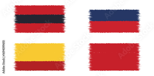 A stylized collection of four national flags, featuring the flags of Ukraine, Liechtenstein, Spain, and Poland, all with a textured, painterly brushstroke effect on a white background.