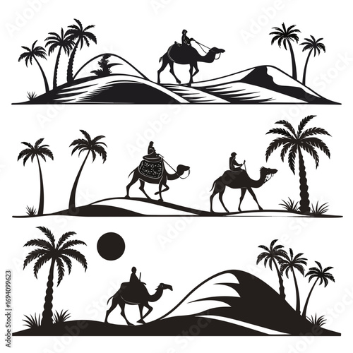 Desert caravan palm trees dunes camel rider