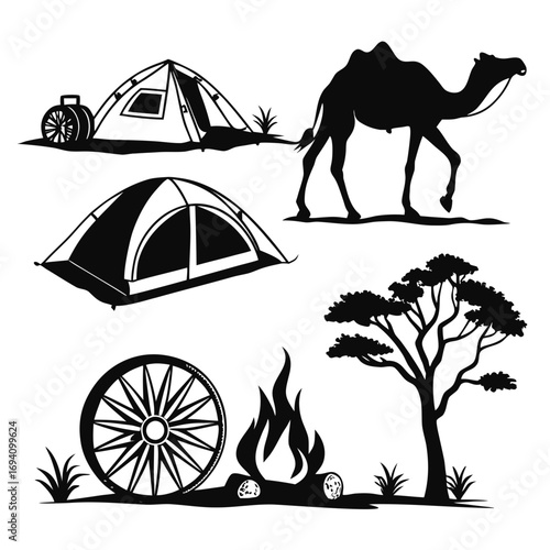 Desert caravan camping scene silhouettes camel tent