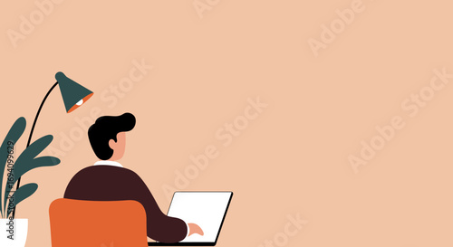 Focused man working on his laptop at a minimalist desk with a plant and lamp. Ideal for remote work, business productivity, and online education concepts.