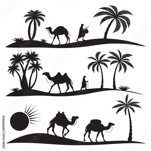 Desert caravan palm trees sun camel silhouette