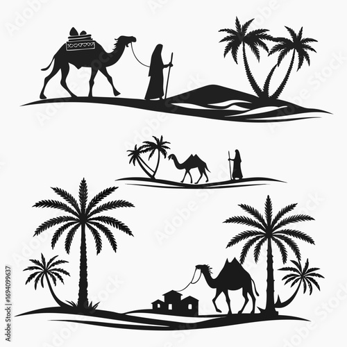 Desert caravan palm trees oasis camel