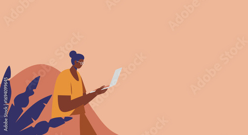 Woman with laptop working or studying online in a minimalist, natural setting. Ideal for remote work, education, or digital lifestyle concepts.