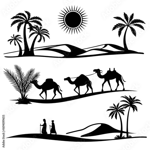 Desert caravan palm trees sun camels