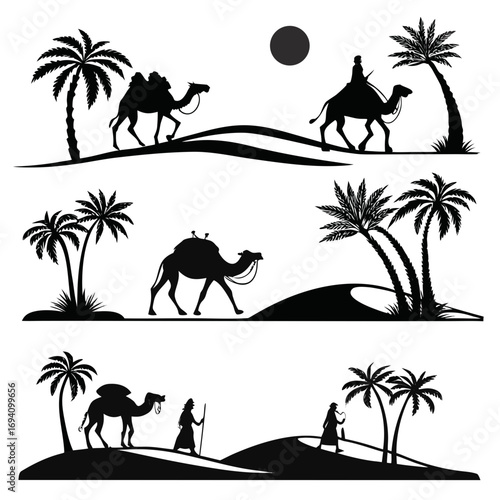 Desert caravan palm trees sun camels silhouettes