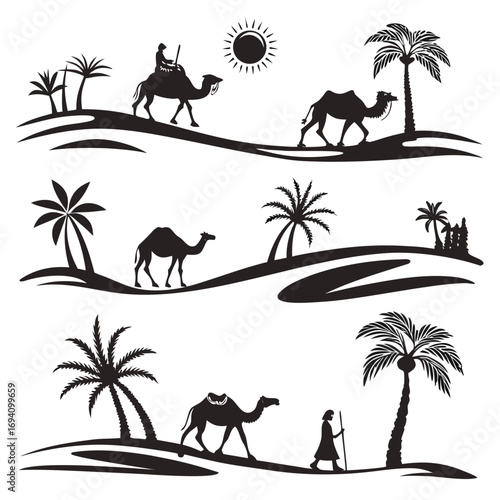 Desert caravan palm trees sun camels