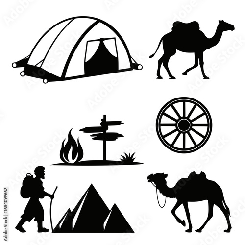 Desert caravan travel icons camel tent
