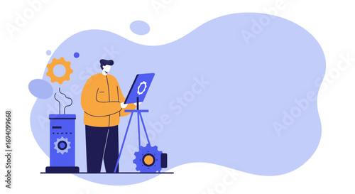 Professional working with a tablet to design or optimize systems, featuring gears and technological elements. Ideal for engineering, innovation, and digital solution concepts.