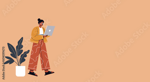 A modern Black woman uses her laptop, embodying remote work, digital communication, and professional productivity in a contemporary setting. Ideal for business and lifestyle themes.