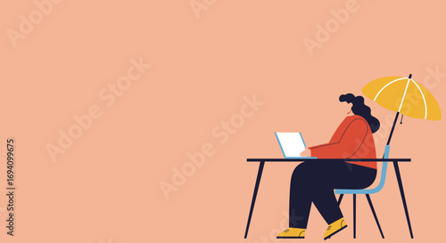 Person works on a laptop at an outdoor table under an umbrella, representing remote work, digital nomad life, and professional flexibility.