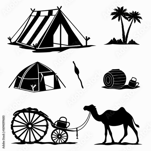 Desert caravan travel scene silhouettes vector