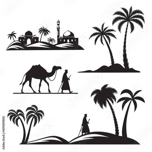 Desert oasis scenes camel caravan mosque palm trees