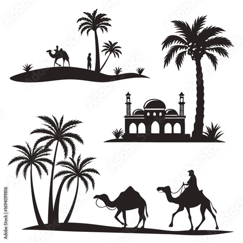 Desert oasis scene with camels and mosque caravan