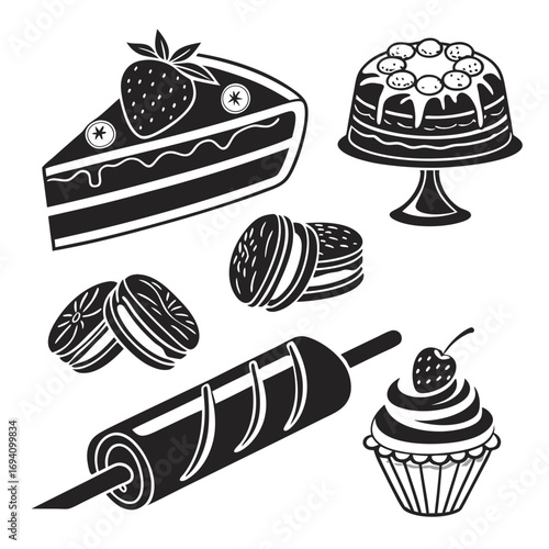 Dessert icons cake cupcake macarons rolling pin strawberry