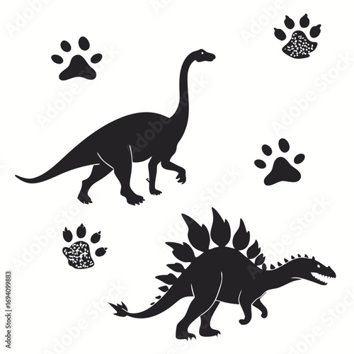 Dinosaur silhouettes and footprints prehistoric ancient