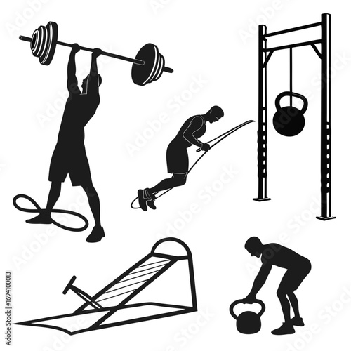 Diverse fitness silhouettes performing exercises weightlifting