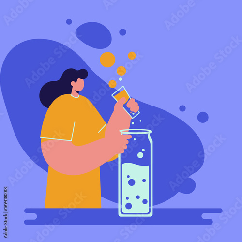 Woman conducting a science experiment, pouring liquid from a test tube into a flask, symbolizing research, education, and discovery in a professional laboratory setting.