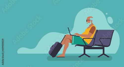 Senior man, prepared for travel, sits in a waiting area, focused on his laptop. Illustrates remote work, flexible lifestyle, and modern retirement.