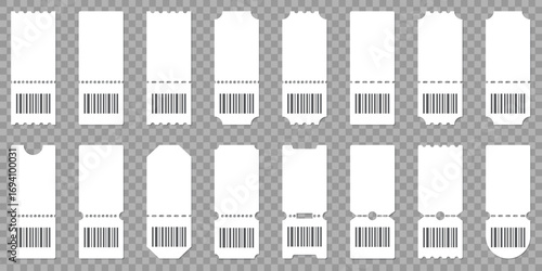 Blank ticket mockup collection. Simple white tickets with barcode and perforated edges. Great for events, cinema, and vouchers