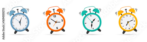 Alarm clock collection. Set of colorful ringing alarm clocks in different styles. Perfect for time management and reminder