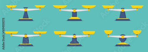 Scale balance collection. Set of measuring balance scales in yellow and blue. Represents accuracy, fairness, and equality