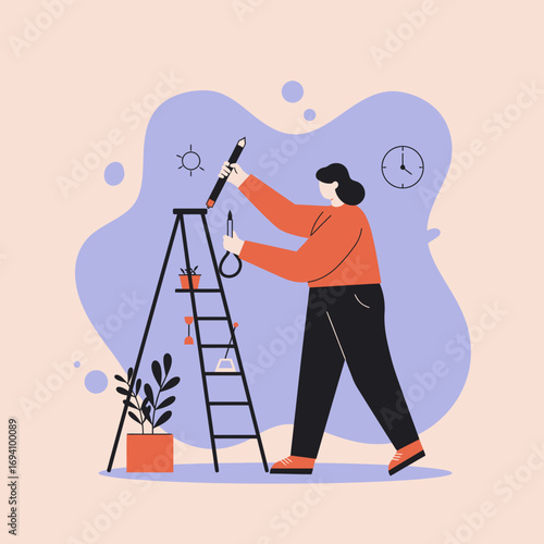 Creative professional illustrating new ideas on an abstract background with drawing tools and a ladder. Ideal for design, innovation, and business concepts.